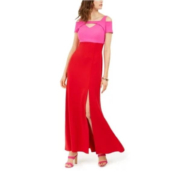 Colorful Cut Out Cold Shoulder Evening Gown Pink and Red Size 6 Nightway Formal - Picture 11 of 13